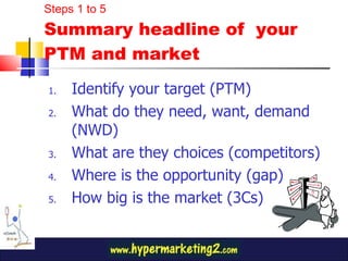 Identify your target (PTM) What do they need, want, demand (NWD) What are they choices (competitors) Where is the opportunity (gap) How big is the market (3Cs) Steps 1 to 5 Summary headline of  your PTM and market 