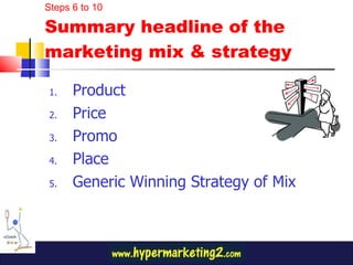 Product Price  Promo  Place  Generic Winning Strategy of Mix Steps 6 to 10 Summary headline of the marketing mix & strategy 