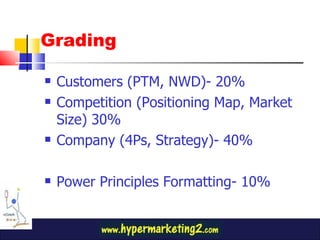 Grading Customers (PTM, NWD)- 20% Competition (Positioning Map, Market Size) 30% Company (4Ps, Strategy)- 40% Power Principles Formatting- 10% 