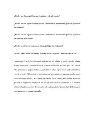 -¿Cuáles son figuras públicas que respaldan a mis adversarios?



-¿Cuáles son las organizaciones sociales, ciudadanas o movimientos políticos que están
con nosotros?



-¿Cuáles son las organizaciones sociales, ciudadanas o movimientos políticos que están

con nuestros adversarios?



-¿Cuáles gobiernos en funciones y figuras políticas nos respaldan?



-¿Cuáles gobiernos en funciones y figuras políticas respaldan a nuestros adversarios?



La estrategia debe definir claramente quiénes son mis aliados, y quiénes son los aliados

de mis adversarios, con la finalidad de plantear las distintas acciones para cada uno de

estos personajes o grupos. Todo esto, con el único fin de lograr incidir en la intención de

voto de la gente. Al igual que en otros puntos de la estrategia, es necesario señalar cómo,

en qué momento, dónde y a través de que medios doy a conocer su respaldo. Recuerda

que este es un proceso estratégico, por eso hay que tomar en cuenta que si lo hacemos

antes o lo hacemos después del momento adecuado puede ser que en el día de la elección

ya no causemos el impacto esperado.
 