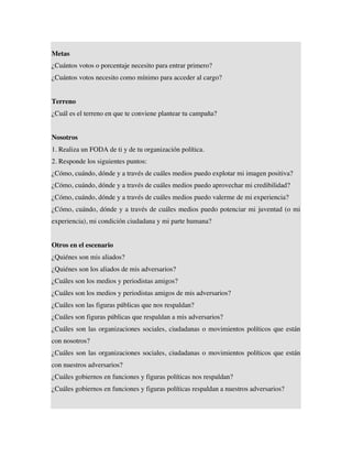 Metas
¿Cuántos votos o porcentaje necesito para entrar primero?
¿Cuántos votos necesito como mínimo para acceder al cargo?


Terreno
¿Cuál es el terreno en que te conviene plantear tu campaña?


Nosotros
1. Realiza un FODA de ti y de tu organización política.
2. Responde los siguientes puntos:
¿Cómo, cuándo, dónde y a través de cuáles medios puedo explotar mi imagen positiva?
¿Cómo, cuándo, dónde y a través de cuáles medios puedo aprovechar mi credibilidad?
¿Cómo, cuándo, dónde y a través de cuáles medios puedo valerme de mi experiencia?
¿Cómo, cuándo, dónde y a través de cuáles medios puedo potenciar mi juventud (o mi
experiencia), mi condición ciudadana y mi parte humana?


Otros en el escenario
¿Quiénes son mis aliados?
¿Quiénes son los aliados de mis adversarios?
¿Cuáles son los medios y periodistas amigos?
¿Cuáles son los medios y periodistas amigos de mis adversarios?
¿Cuáles son las figuras públicas que nos respaldan?
¿Cuáles son figuras públicas que respaldan a mis adversarios?
¿Cuáles son las organizaciones sociales, ciudadanas o movimientos políticos que están
con nosotros?
¿Cuáles son las organizaciones sociales, ciudadanas o movimientos políticos que están
con nuestros adversarios?
¿Cuáles gobiernos en funciones y figuras políticas nos respaldan?
¿Cuáles gobiernos en funciones y figuras políticas respaldan a nuestros adversarios?
 