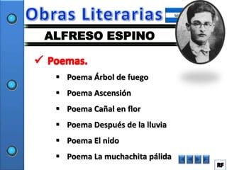 ALFRESO ESPINO


  Poema Árbol de fuego
  Poema Ascensión
  Poema Cañal en flor
  Poema Después de la lluvia
  Poema El nido
  Poema La muchachita pálida
 