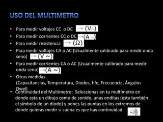 • Para medir voltajes CC o DC
• Para medir corrientes CC o DC
• Para medir resistencia
• Para medir voltajes CA o AC (Usualmente calibrado para medir onda
  seno)
• Para medir corrientes CA o AC (Usualmente calibrado para medir
  onda seno)
• Otras medidas
  (Capacitancias, Temperatura, Diodos, hfe, Frecuencia, Ángulos
  Dwell.
• Continuidad del Multímetro: Seleccionas en tu multímetro en
  donde esta un dibujo como de sonido, unas onditas (esta también
  el símbolo de un diodo) y pones las puntas en los extremos de
  donde quieras medir si suena es que hay continuidad
 