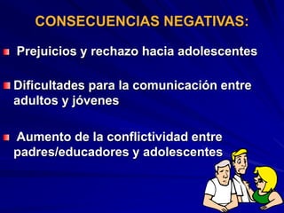 CONSECUENCIAS NEGATIVAS:
Prejuicios y rechazo hacia adolescentes
Dificultades para la comunicación entre
adultos y jóvenes
Aumento de la conflictividad entre
padres/educadores y adolescentes
 