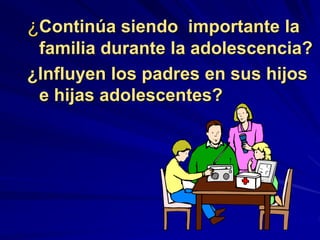 ¿Continúa siendo importante la
familia durante la adolescencia?
¿Influyen los padres en sus hijos
e hijas adolescentes?
 