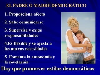 EL PADRE O MADRE DEMOCRÁTICO
1. Proporciona afecto
2. Sabe comunicarse
3. Supervisa y exige
responsabilidades
4.Es flexible y se ajusta a
las nuevas necesidades
5. Fomenta la autonomía y
la revelación
Hay que promover estilos democráticos
 