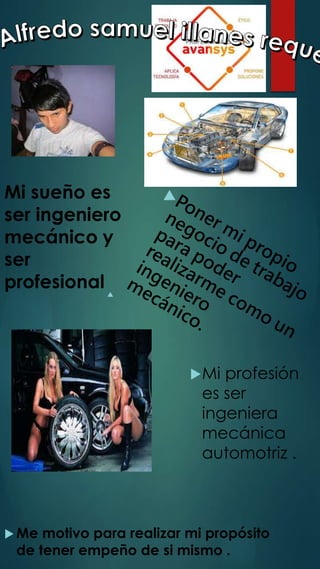 Mi sueño es
ser ingeniero
mecánico y
ser
profesional
Mi profesión
es ser
ingeniera
mecánica
automotriz .
 Me motivo para realizar mi propósito
de tener empeño de si mismo .
 