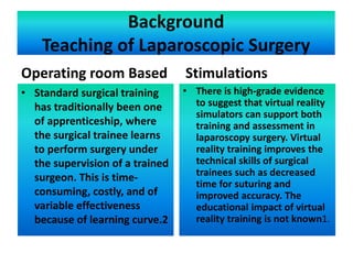 Background
Teaching of Laparoscopic Surgery
Operating room Based
• Standard surgical training
has traditionally been one
of apprenticeship, where
the surgical trainee learns
to perform surgery under
the supervision of a trained
surgeon. This is time-
consuming, costly, and of
variable effectiveness
because of learning curve.2
Stimulations
• There is high-grade evidence
to suggest that virtual reality
simulators can support both
training and assessment in
laparoscopy surgery. Virtual
reality training improves the
technical skills of surgical
trainees such as decreased
time for suturing and
improved accuracy. The
educational impact of virtual
reality training is not known1.
 