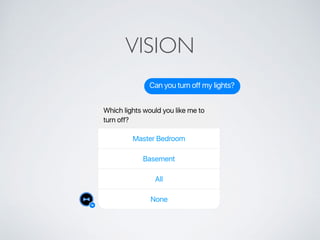 VISION
Can you turn off my lights?
None
All
Basement
Master Bedroom
Which lights would you like me to
turn off?
 