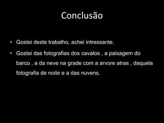 Conclusão 
• Gostei deste trabalho, achei intressante. 
• Gostei das fotografias dos cavalos , a paisagem do 
barco , a da neve na grade com a arvore atras , daquela 
fotografia de noite e a das nuvens. 
 