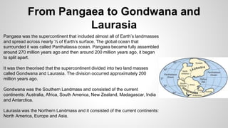 From Pangaea to Gondwana and 
Laurasia 
Pangaea was the supercontinent that included almost all of Earth’s landmasses 
and spread across nearly ⅓ of Earth’s surface. The global ocean that 
surrounded it was called Panthalassa ocean. Pangaea became fully assembled 
around 270 million years ago and then around 200 million years ago, it began 
to split apart. 
It was then theorised that the supercontinent divided into two land masses 
called Gondwana and Laurasia. The division occurred approximately 200 
million years ago. 
Gondwana was the Southern Landmass and consisted of the current 
continents: Australia, Africa, South America, New Zealand, Madagascar, India 
and Antarctica. 
Laurasia was the Northern Landmass and it consisted of the current continents: 
North America, Europe and Asia. 
 