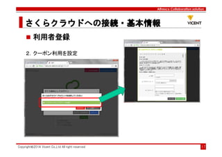 Alfresco Collaboration solution
さくらクラウドへの接続・基本情報さくらクラウドへの接続・基本情報さくらクラウドへの接続・基本情報さくらクラウドへの接続・基本情報
Copyright©2014 Vicent Co.,Ltd All right reserved 17
利用者登録
２．クーポン利用を設定
 