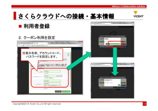 Alfresco Collaboration solution
さくらクラウドへの接続・基本情報さくらクラウドへの接続・基本情報さくらクラウドへの接続・基本情報さくらクラウドへの接続・基本情報
Copyright©2014 Vicent Co.,Ltd All right reserved 18
利用者登録
２．クーポン利用を設定
任意の名前、アカウントコード、
パスワードを設定します。
 