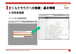 Alfresco Collaboration solution
さくらクラウドへの接続・基本情報さくらクラウドへの接続・基本情報さくらクラウドへの接続・基本情報さくらクラウドへの接続・基本情報
Copyright©2014 Vicent Co.,Ltd All right reserved 19
利用者登録
２．クーポン利用を設定
 