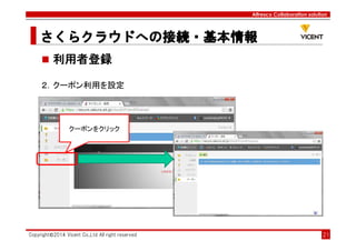 Alfresco Collaboration solution
さくらクラウドへの接続・基本情報さくらクラウドへの接続・基本情報さくらクラウドへの接続・基本情報さくらクラウドへの接続・基本情報
Copyright©2014 Vicent Co.,Ltd All right reserved 21
利用者登録
２．クーポン利用を設定
クーポンをクリック
 