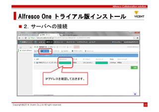 Alfresco Collaboration solution
Alfresco OneAlfresco OneAlfresco OneAlfresco One トライアル版トライアル版トライアル版トライアル版インストールインストールインストールインストール
Copyright©2014 Vicent Co.,Ltd All right reserved 30
２．サーバへの接続
IPアドレスを確認しておきます。
 