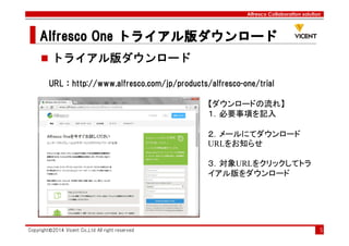 Alfresco Collaboration solution
Alfresco OneAlfresco OneAlfresco OneAlfresco One トライアル版ダウンロードトライアル版ダウンロードトライアル版ダウンロードトライアル版ダウンロード
Copyright©2014 Vicent Co.,Ltd All right reserved 5
トライアル版ダウンロード
URL：http://www.alfresco.com/jp/products/alfresco-one/trial
【ダウンロードの流れ】
１．必要事項を記入
２．メールにてダウンロード
URLをお知らせ
３．対象URLをクリックしてトラ
イアル版をダウンロード
 