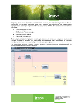  
 
Например, такой важный компонент комплексного решения, как подсистема управления бизнес-
процессами по желанию заказчика может быть заменен на open-source или коммерческую
корпоративную платформу управления бизнес-процессами (BPMS). Вот несколько примеров таких
платформ:
 Activity BPM (open source);
 IBM Business Process Manager;
 Progress Software Savvion;
 Software AG webMethods.
Такая модульная архитектура дает уникальную возможность в проекте внедрения комплексной
системы принимать решения по повторному использованию уже внедренных в компании
платформ, значительно сокращая общую стоимость владения решения.
На следующем рисунке показан пример процесса документооборота, реализованный на
платформе IBM Business Process Manager.
 