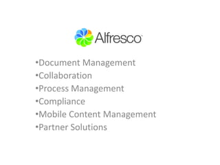 •Document Management
•Collaboration
•Process Management
•Compliance
•Mobile Content Management
•Partner Solutions
 
