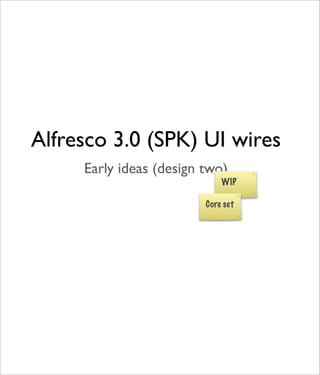 Alfresco 3.0 (SPK) UI wires
     Early ideas (design two)
                             WIP

                         Core set