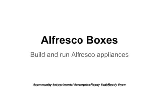 Alfresco Boxes 
Build and run Alfresco appliances 
#community #experimental #enterpriseReady #sdkReady #new 
 