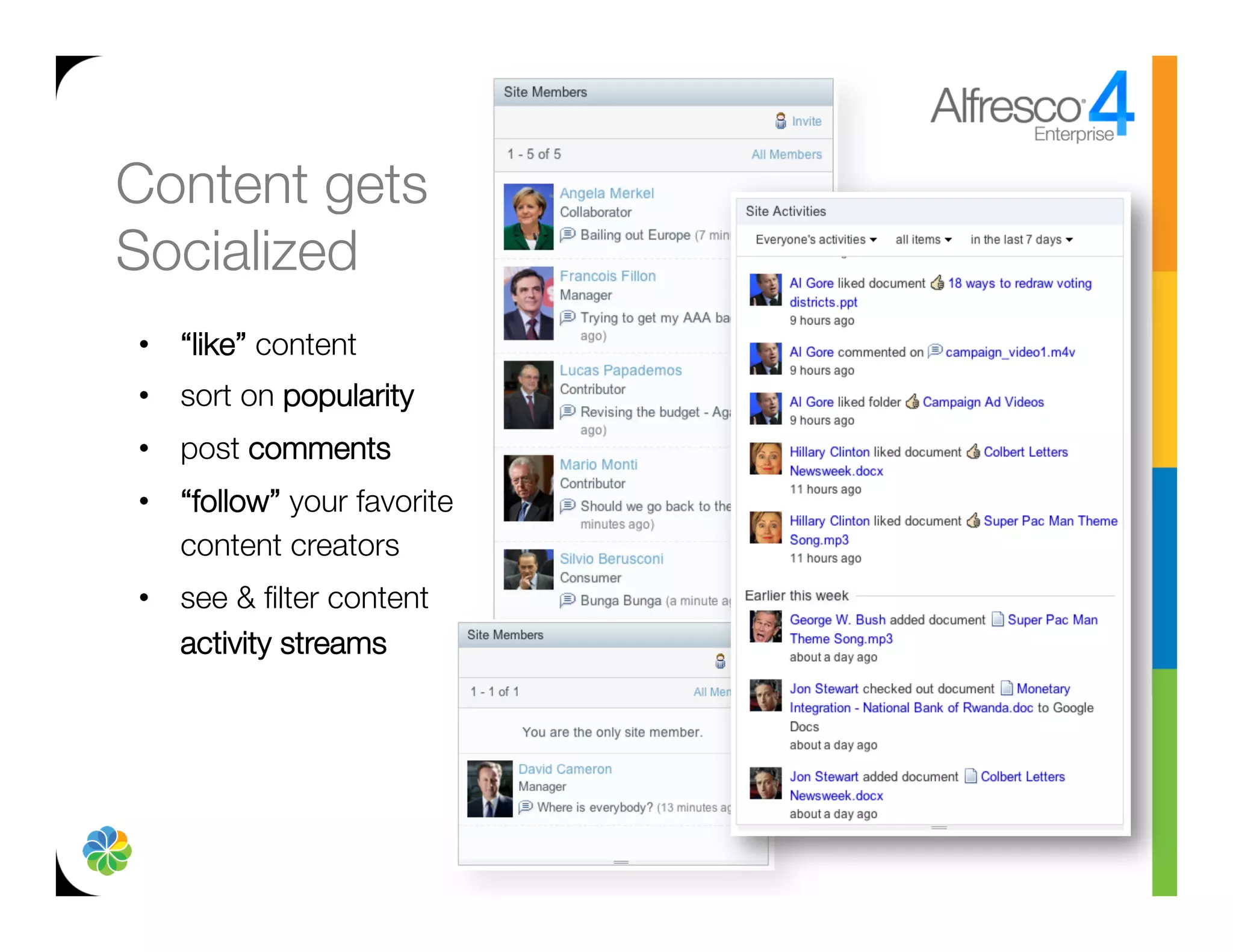 Content gets"
Socialized
•  “like” content
•  sort on popularity
•  post comments
•  “follow” your favorite
   content creators
•  see & ﬁlter content
   activity streams
 