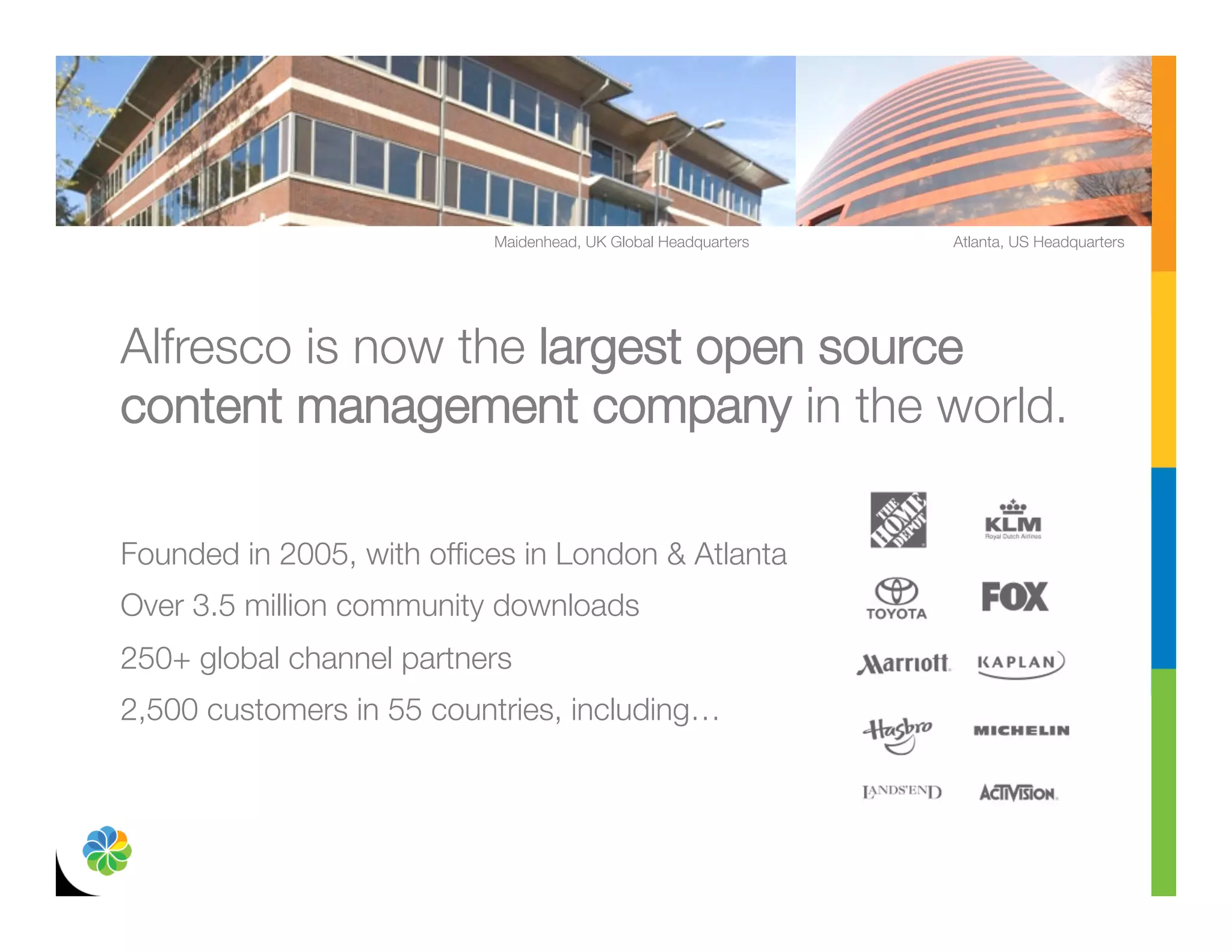Maidenhead, UK Global Headquarters
   Atlanta, US Headquarters




Alfresco is now the largest open source
content management company in the world.

Founded in 2005, with ofﬁces in London & Atlanta
Over 3.5 million community downloads
250+ global channel partners
2,500 customers in 55 countries, including…

 