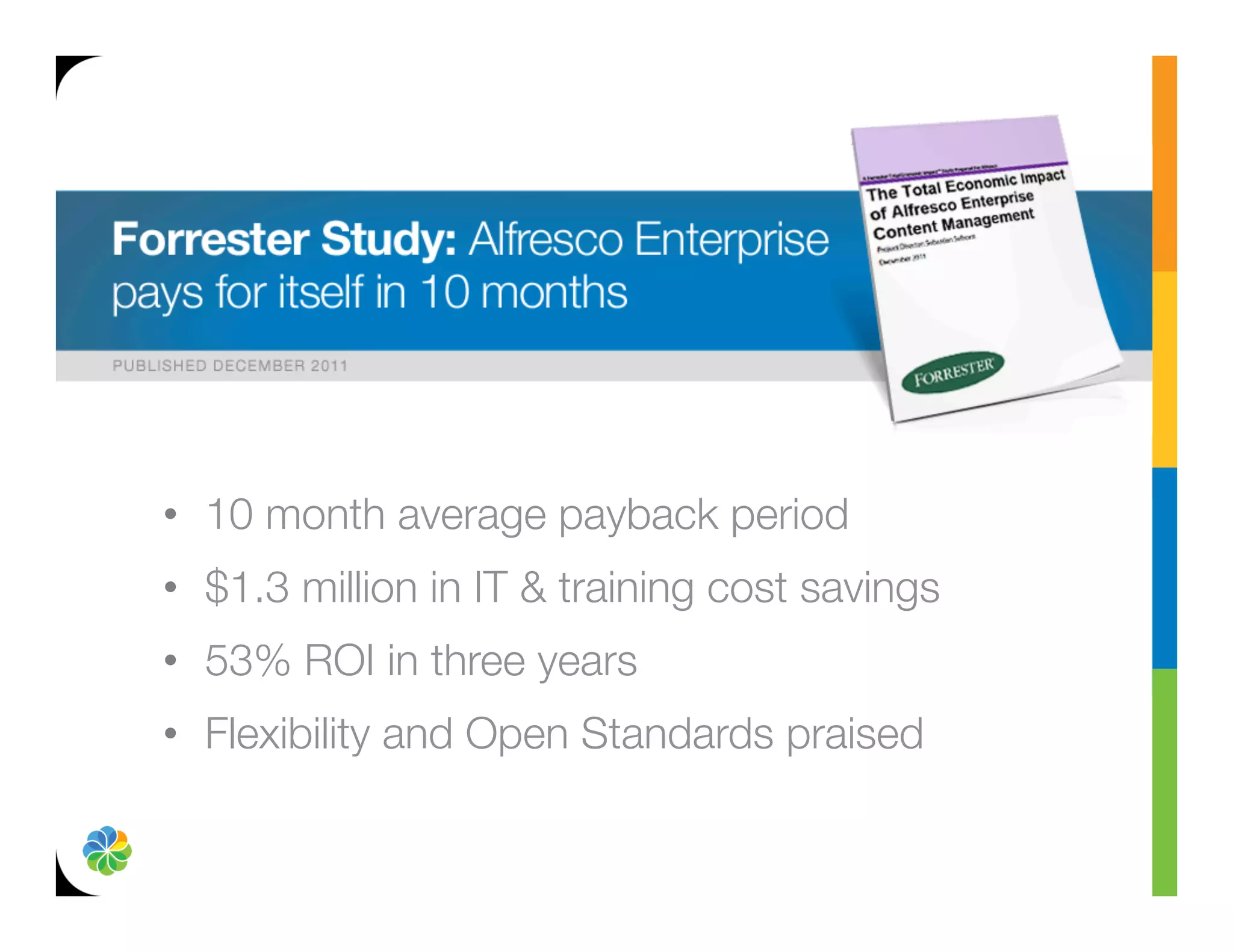 Alfresco is now the largest open source
content management company in the world.

 •  10 month average payback period
 •  $1.3 million in IT & training cost savings
 •  53% ROI in three years
 •  Flexibility and Open Standards praised
 