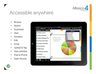 Accessible anywhere
•    Browse
•    Search
•    Download
•    View 
•    Socialize 
•    Edit
•    Email
•    Upload & Tag
•    View activities
•    iPad & iPhone
•    Open Source
 