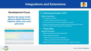 Learn. Connect. Collaborate.
Integrations and Extensions
Development Focus
Surface the power of the
Alfresco Digital Business
Platform where ever work
gets done
Alfresco Connectors
▪ New Integration Services
o Alfresco Content Connector for Box (EA)
• New architected SFDC Connector (support for on-prem)
▪ Updates to existing Connectors: Alfresco Content Connector for Outlook,
Document Transformation Engines, and Google Docs
Alfresco Connectors
▪ Alfresco Content Connector for Box (GA)
▪ Deliver Integration Services
o Platform for custom driven integration
o Alfresco Content Connector for Office 365
▪ Updates: SFDC (adding Process Services), Outlook Connector
Delivering Innovation in 2017⟳
Future Plans…
 
