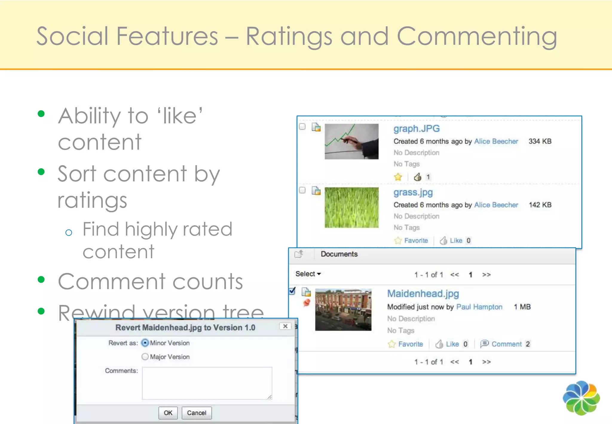 Social Features – Ratings and Commenting


•   Ability to ‘like’
    content
•   Sort content by
    ratings
    o   Find highly rated
        content
•   Comment counts
•   Rewind version tree
 