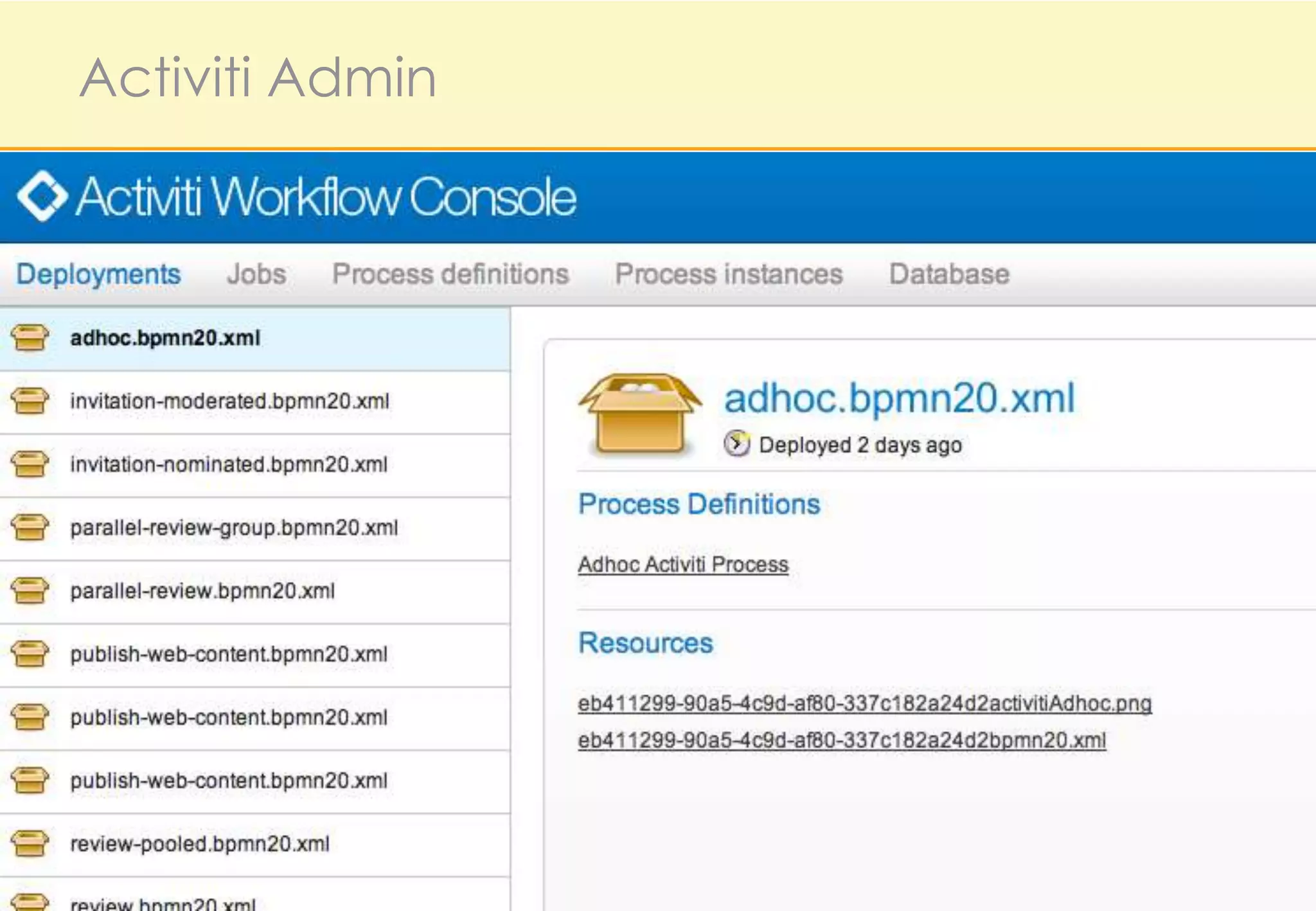 Activiti Admin


• Deploy
 