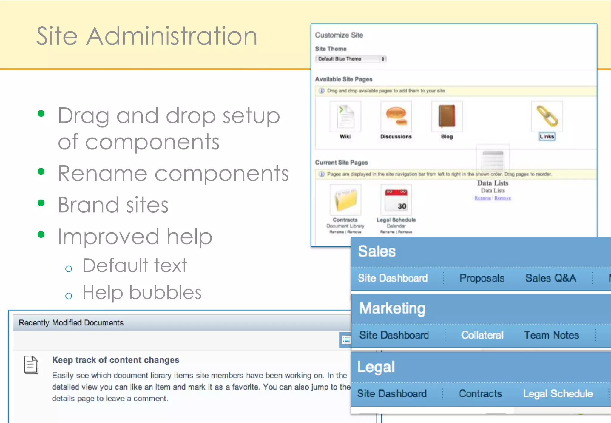 Site Administration


•   Drag and drop setup
    of components
•   Rename components
•   Brand sites
•   Improved help
    o   Default text
    o   Help bubbles
 