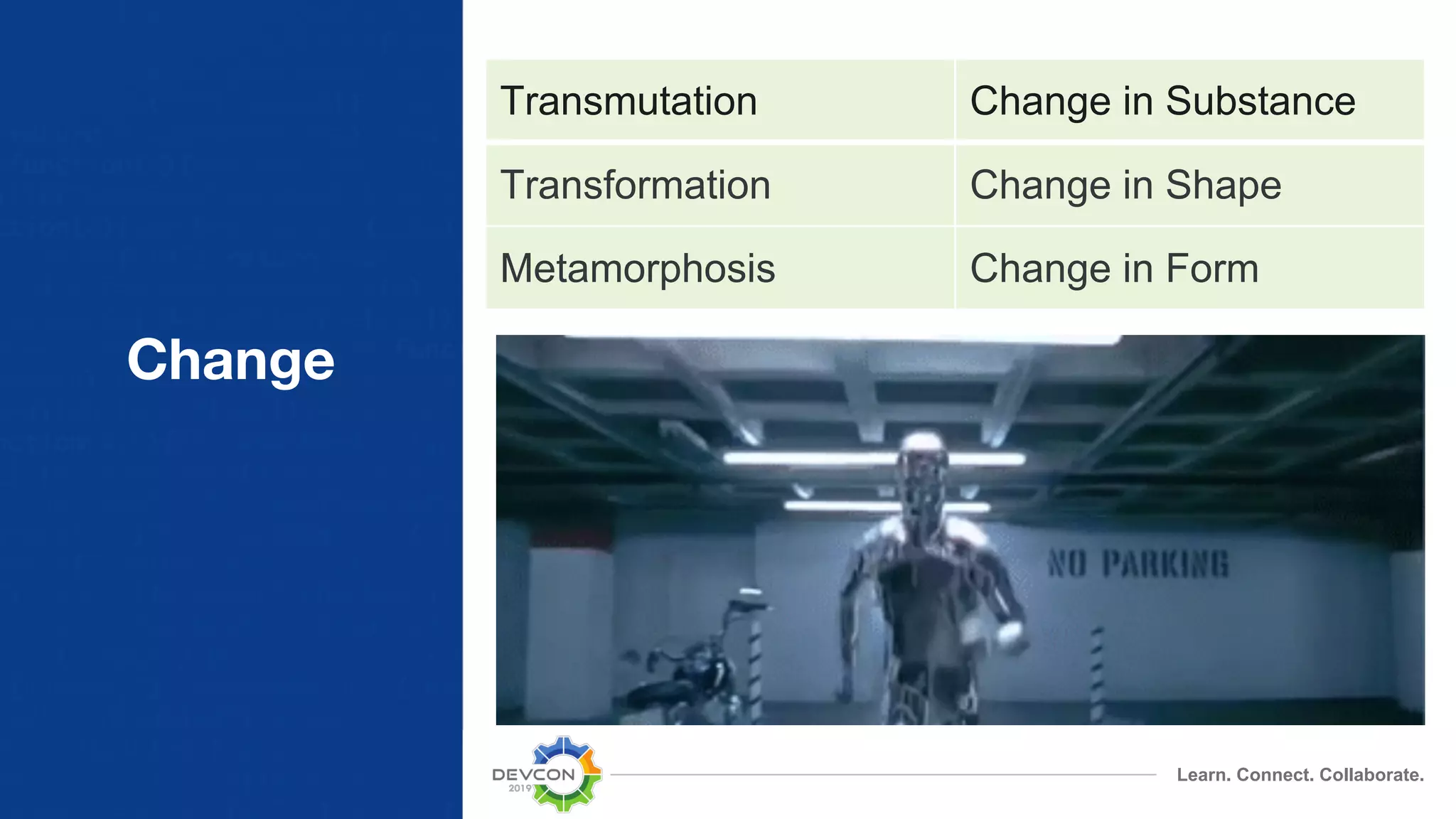 Learn. Connect. Collaborate. Change Transmutation Change in Substance Transformation Change in Shape Metamorphosis Change in Form 