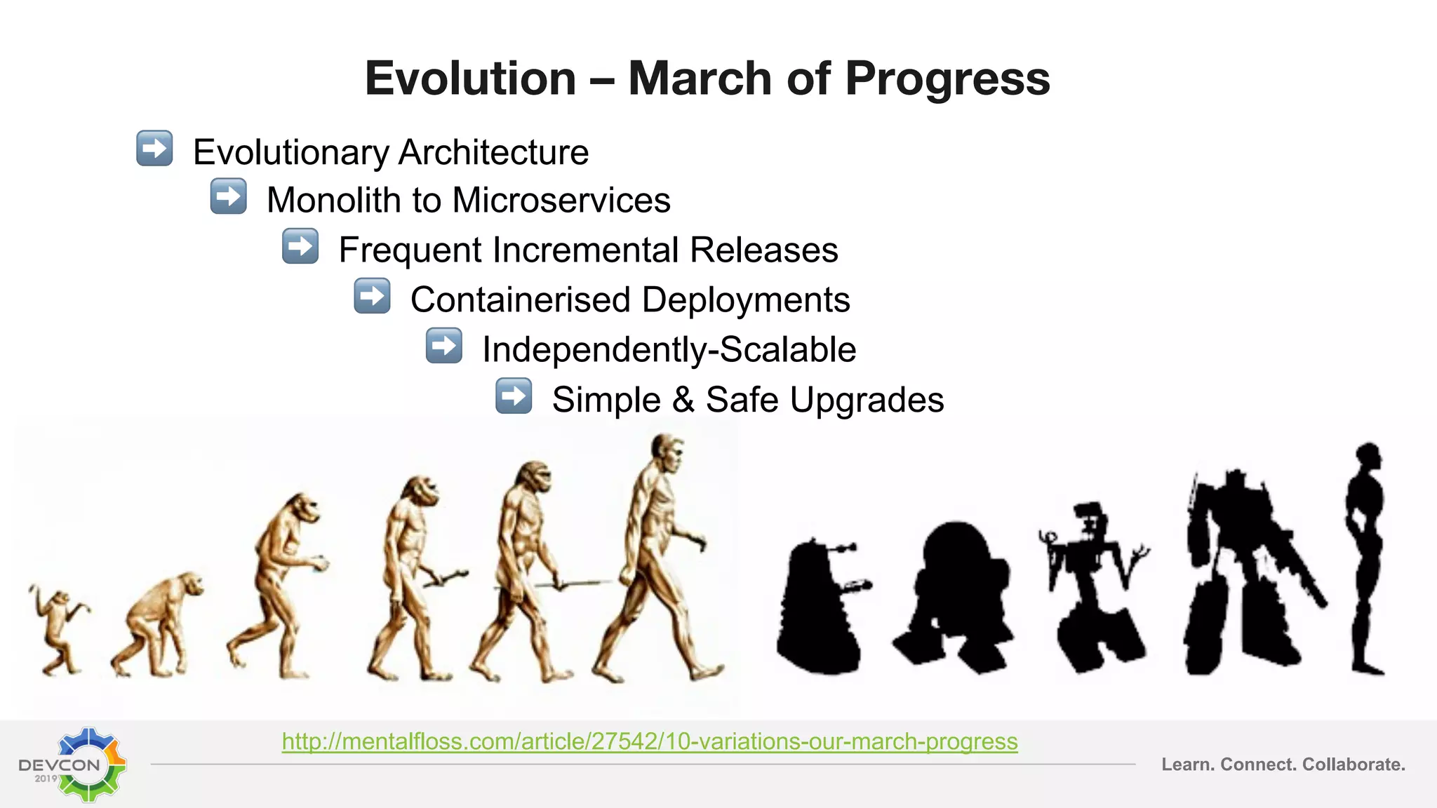 Learn. Connect. Collaborate. Evolution – March of Progress http://mentalfloss.com/article/27542/10-variations-our-march-progress ➡ Evolutionary Architecture ➡ Monolith to Microservices ➡ Frequent Incremental Releases ➡ Containerised Deployments ➡ Independently-Scalable ➡ Simple & Safe Upgrades 