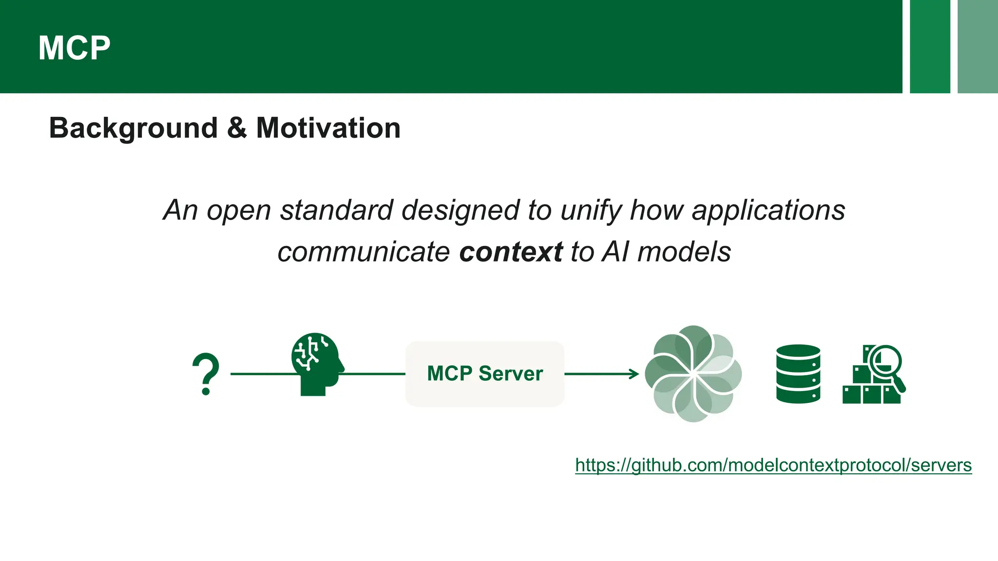 Background & Motivation
An open standard designed to unify how applications
communicate context to AI models
MCP
MCP Server
https://github.com/modelcontextprotocol/servers
 