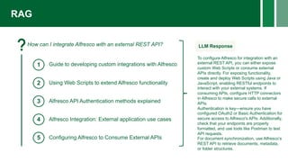 RAG
How can I integrate Alfresco with an external REST API?
1
2
3
4
5
Guide to developing custom integrations with Alfresco
Using Web Scripts to extend Alfresco functionality
Alfresco API Authentication methods explained
Alfresco Integration: External application use cases
Configuring Alfresco to Consume External APIs
LLM Response
To configure Alfresco for integration with an
external REST API, you can either expose
custom Web Scripts or consume external
APIs directly. For exposing functionality,
create and deploy Web Scripts using Java or
JavaScript, enabling RESTful endpoints to
interact with your external systems. If
consuming APIs, configure HTTP connectors
in Alfresco to make secure calls to external
APIs.
Authentication is key—ensure you have
configured OAuth2 or Basic Authentication for
secure access to Alfresco's APIs. Additionally,
check that your endpoints are properly
formatted, and use tools like Postman to test
API requests.
For document synchronization, use Alfresco’s
REST API to retrieve documents, metadata,
or folder structures.
 