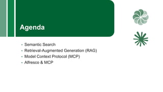• Semantic Search
• Retrieval-Augmented Generation (RAG)
• Model Context Protocol (MCP)
• Alfresco & MCP
Agenda
 