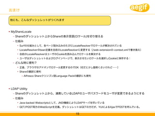 おまけ

    他にも、こんなダッシュレットがつくれます



   MyShareLocale
     –   Shareのダッシュレット上からShareの表示言語(ロケール)を切り替える
     –   仕組み
         • Surfの仕組みとして、各ページ読み込みのたびにLocaleResolverでロケールが解決されている
         • LocaleResolverのbean定義を自前のLocaleResolverに変更する（/web-extensionの-context.xmlで書き換え）
         • 自前のLocaleResolverはユーザのCookieを読み込んでロケールを解決する
         • ユーザはダッシュレットおよびログインページで、表示させたいロケールを選択しCookieに保存する：
     –   どんな時に便利？
         • 正直、ブラウザのアドオンでロケール変更するのでOK（IEだと少し面倒くさいけれど……）
         • Shareの翻訳に便利
           – Alfresco Shareクリンゴン語Language Packの翻訳にも便利




   LDAP Utility
     –   Shareのダッシュレット上から、連携しているLDAPのユーザパスワードをユーザが変更できるようにする
     –   仕組み
         • Java-backed Webscriptsとして、JNDI機能によりLDAPサーバを叩いている
         • GET/POST両方のWebScriptを定義。ダッシュレットはGETの方だが、YUIによるAjaxでPOSTを呼んでいる。

                                              15
 