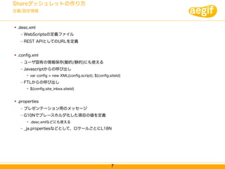 Shareダッシュレットの作り方
定義/設定情報


   .desc.xml
     –   WebScriptsの定義ファイル
     –   REST APIとしてのURLを定義


   .conﬁg.xml
     –   ユーザ固有の情報保存(動的/静的)にも使える
     –   Javascriptからの呼び出し
          • var conﬁg = new XML(conﬁg.script); ${conﬁg.siteId}
     –   FTLからの呼び出し
          • ${conﬁg.site_inbox.siteId}


   .properties
     –   プレゼンテーション用のメッセージ
     –   G10Nでプレースホルダ化した項目の値を定義
          • .desc.xmlなどにも使える
     –   _ja.propertiesなどとして、ロケールごとにL18N




                                                        7
 