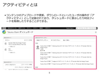 アクティビティとは
• コンテンツのアップロードや更新、ダウンロードといったユーザの操作が「ア
クティビティ」として記録されており、ダッシュボードに表示したりRSSフィ
ードを取得したりすることができる。
5
 