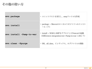 2015©21
その他の使い方
mvn package • ユニットテストを実行し、ampファイルを作成
mvn install
• package + Mavenのローカルリポジトリへのインスト
ール（？）
mvn install -Pamp-to-war
• install + WARとAMPをデプロイしたTomcatの起動
（実質はmvn integration-test -Pamp-to-war と同じ？）
mvn clean -Ppurge • DB、alf_data、インデックス、ログファイルの削除
 