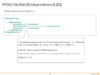 2015©28
POMにMySQL用のdependencyを設定
POMにdependencyを設定する。
<dependencies>
...
<dependency>
<groupId>mysql</groupId>
<artifactId>mysql-connector-java</artifactId>
<version>5.1.28</version>
</dependency>
</dependencies>
「Overriding managed version 5.1.31 for mysql-connector-java」というWarning
が出るためversionは指定しない方がよいかも（指定しなくても動いた）。
artifactId : alfresco-parent のPOMのpropertiesに
<dependency.mysql.version>5.1.31</dependency.mysql.version>
が指定されている。
 