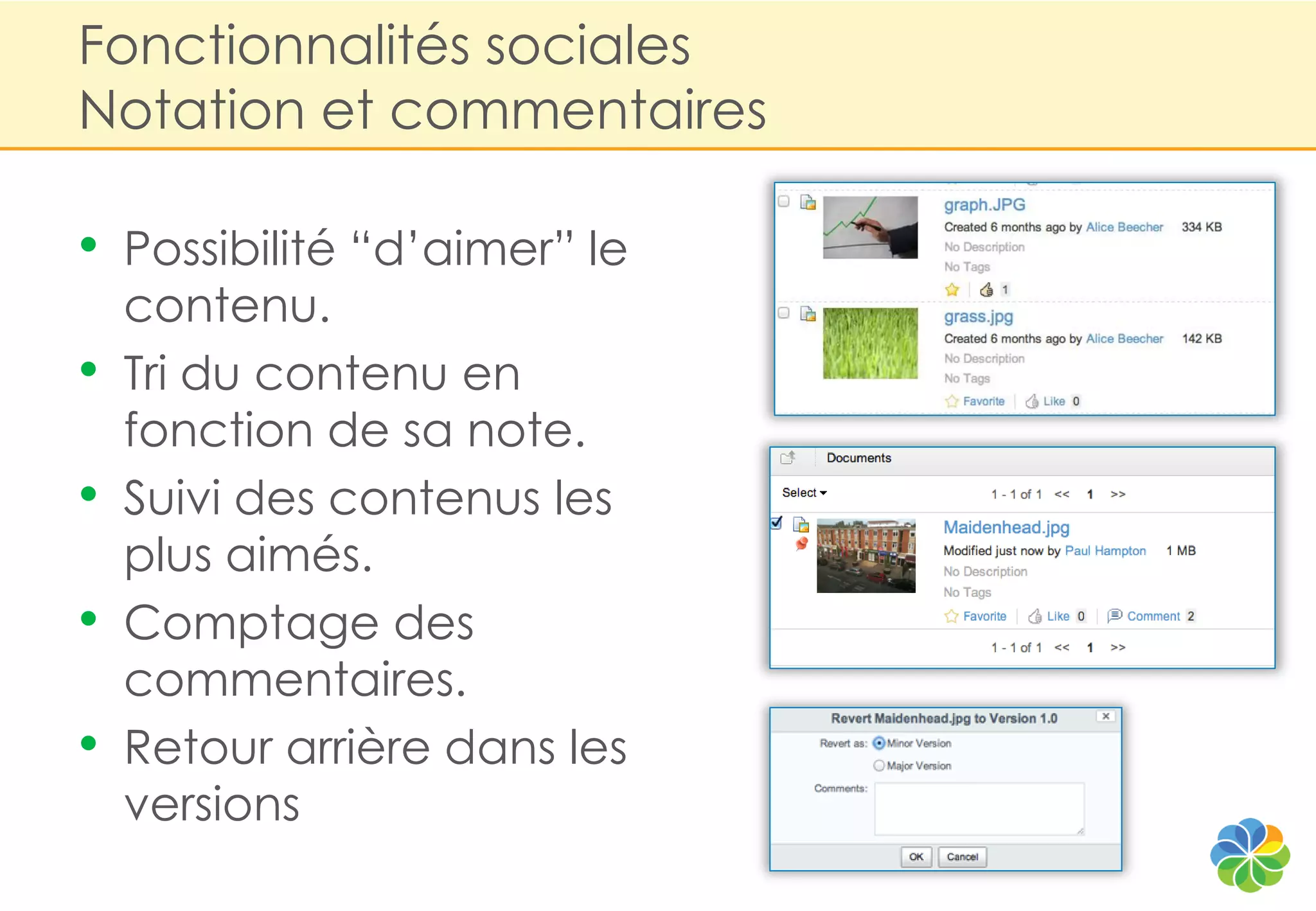 Fonctionnalités sociales
Notation et commentaires

•   Possibilité “d‟aimer” le
    contenu.
•   Tri du contenu en
    fonction de sa note.
•   Suivi des contenus les
    plus aimés.
•   Comptage des
    commentaires.
•   Retour arrière dans les
    versions
 