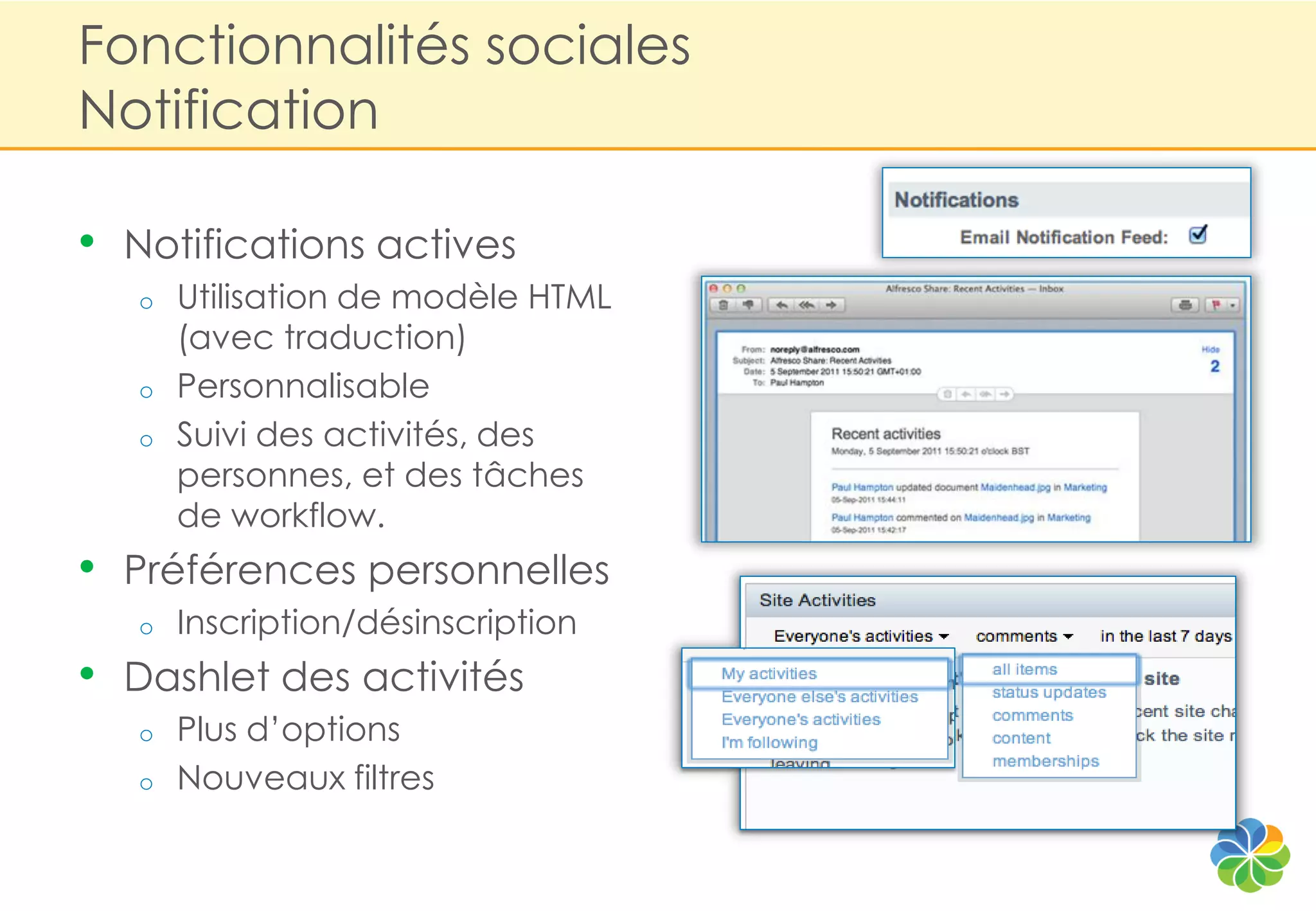 Fonctionnalités sociales
Notification

•   Notifications actives
    o   Utilisation de modèle HTML
        (avec traduction)
    o   Personnalisable
    o   Suivi des activités, des
        personnes, et des tâches
        de workflow.
• Préférences personnelles
    o   Inscription/désinscription
• Dashlet des activités
    o   Plus d‟options
    o   Nouveaux filtres
 