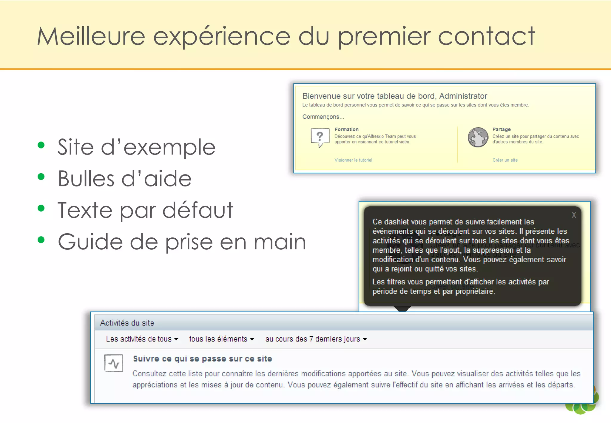 Meilleure expérience du premier contact



•   Site d‟exemple
•   Bulles d‟aide
•   Texte par défaut
•   Guide de prise en main
 