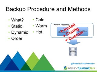 Backup Procedure and Methods
•
•
•
•

What?
Static
Dynamic
Order

• Cold
• Warm
• Hot

@toniblyx at #SummitNow
@toniblyx a...
