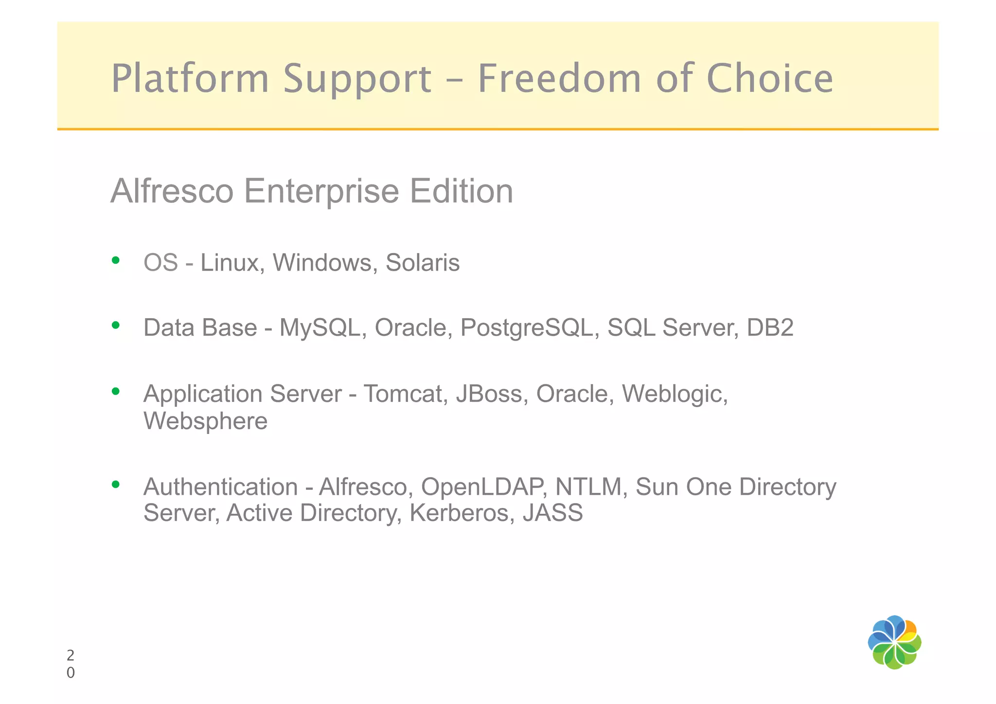 Platform Support – Freedom of Choice

     Alfresco Enterprise Edition
     •  OS - Linux, Windows, Solaris

     •  Data Base - MySQL, Oracle, PostgreSQL, SQL Server, DB2

     •  Application Server - Tomcat, JBoss, Oracle, Weblogic,
       Websphere

     •  Authentication - Alfresco, OpenLDAP, NTLM, Sun One Directory
       Server, Active Directory, Kerberos, JASS




2
0
 