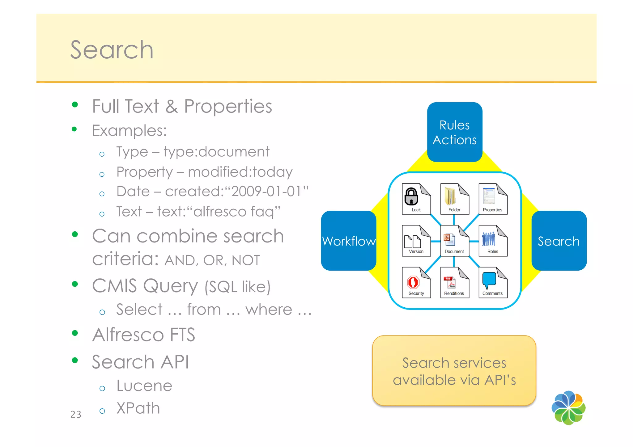 Search

•     Full Text & Properties
                                                           Rules
•  Examples:                                              Actions
      o    Type – type:document
      o    Property – modified:today
      o    Date – created:“2009-01-01”
      o    Text – text:“alfresco faq”
•     Can combine search                 Workflow                         Search
      criteria: AND, OR, NOT
•     CMIS Query (SQL like)
      o    Select … from … where …
•     Alfresco FTS
•     Search API                                     Search services
      o    Lucene                                   available via API’s

23
   o    XPath
 