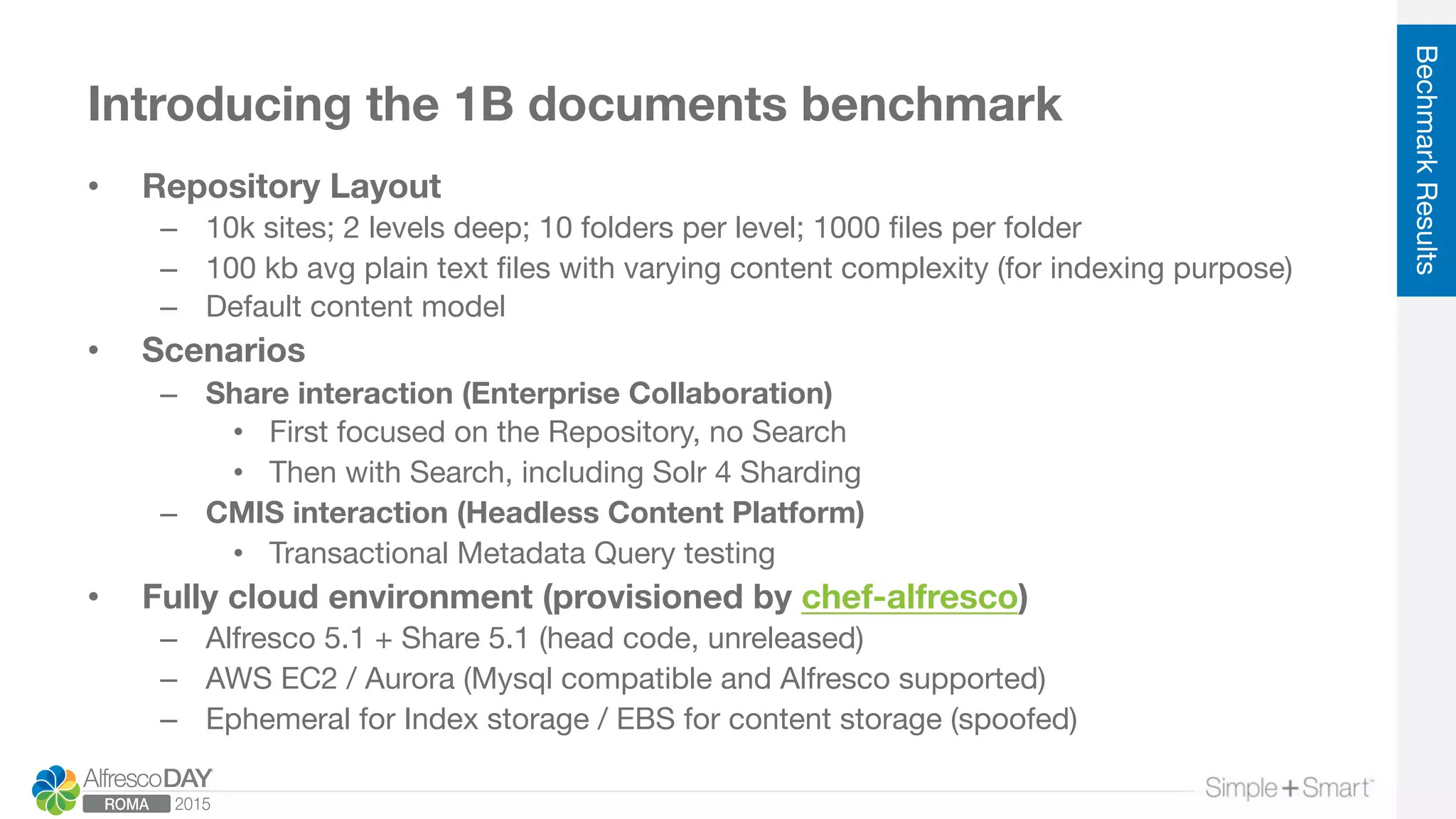 Introducing the 1B documents benchmark
•  Repository Layout
–  10k sites; 2 levels deep; 10 folders per level; 1000 ﬁles per folder
–  100 kb avg plain text ﬁles with varying content complexity (for indexing purpose)
–  Default content model
•  Scenarios
–  Share interaction (Enterprise Collaboration)
•  First focused on the Repository, no Search
•  Then with Search, including Solr 4 Sharding
–  CMIS interaction (Headless Content Platform)
•  Transactional Metadata Query testing
•  Fully cloud environment (provisioned by chef-alfresco)
–  Alfresco 5.1 + Share 5.1 (head code, unreleased)
–  AWS EC2 / Aurora (Mysql compatible and Alfresco supported)
–  Ephemeral for Index storage / EBS for content storage (spoofed)
BechmarkResults
 